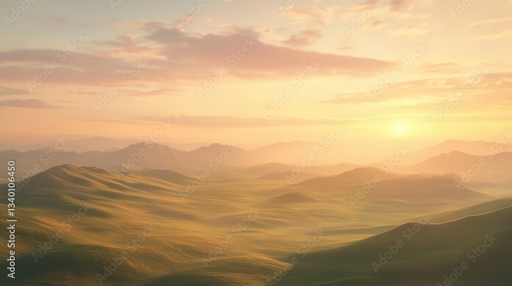 Beautiful Golden Hour Landscape Illustration with Rolling Hills and Dreamy Sky Featuring Layered Mountains and Warm Atmospheric Colors Beautiful Golden Hour Landscape Illustration with Rolling Hills and Dreamy Sky Featuring Layered Mountains and Warm Atmospheric Colors