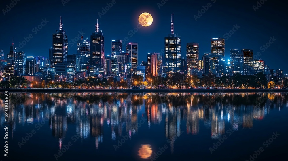 Fototapeta premium Night view of a city skyline with a full moon and reflections.