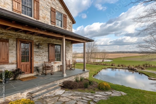 Wallpaper Mural A stone farmhouse with rustic charm, wooden shutters, and a porch overlooking a tranquil pond Torontodigital.ca