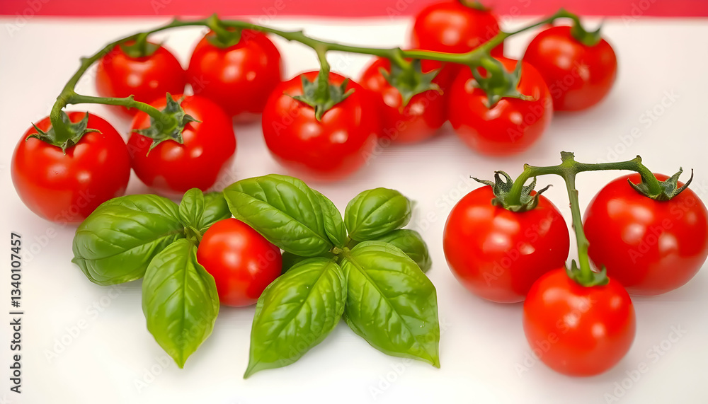 Fresh red tomatoes and green basil leaves arranged on a surface Fresh red tomatoes and green basil leaves arranged on a surface