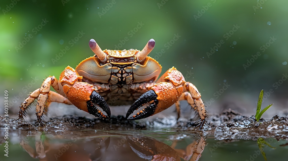 Fiddler Crab Waving Its Oversized Claw in Territorial Display on Muddy Shoreline Close up photography style with copy space showcasing the vibrant colors patterns Fiddler Crab Waving Its Oversized Claw in Territorial Display on Muddy Shoreline Close up photography style with copy space showcasing the vibrant colors patterns