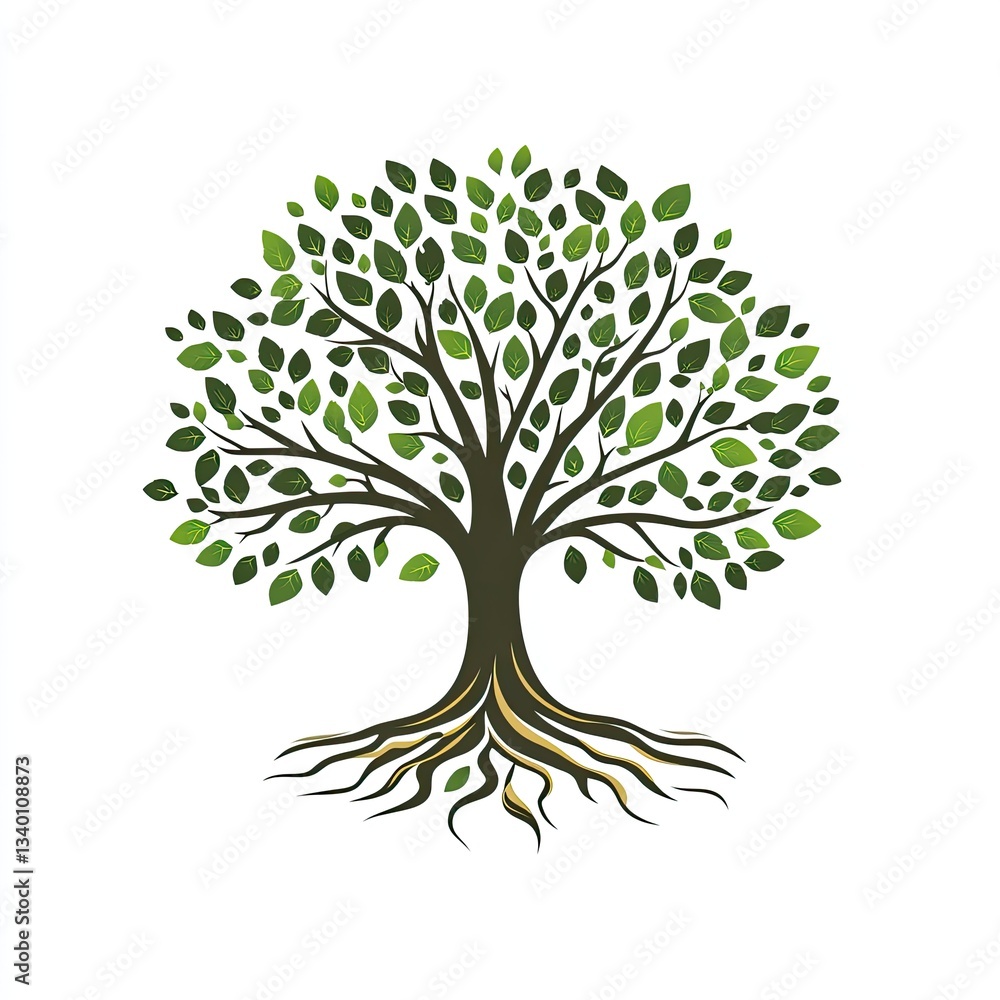 Fototapeta premium Full lush green tree with roots