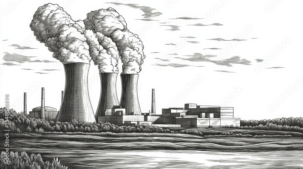Fototapeta premium A line art drawing of Russia Beginning Nuclear Fuel Production in engraving style effect. on a white background