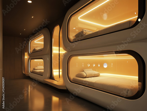 Futuristic capsule hotel with cozy, illuminated sleeping pods.