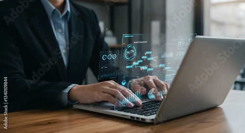 Project management tool concept. Business people use laptop to manager working projects and update task with chart schedule to Business plan and progress. Planning software