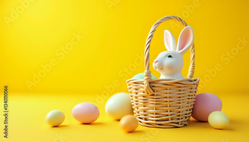 a white rabbit in a basket with colorful eggs on a yellow background