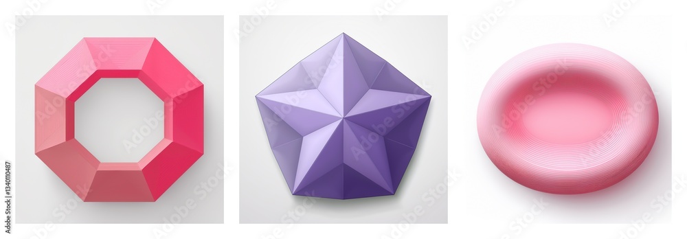 Three geometric shapes are presented on a white background: a pink octagon, a purple pentagon, and a pink circle, each with soft shadows and dimensional appearance. Three geometric shapes are presented on a white background: a pink octagon, a purple pentagon, and a pink circle, each with soft shadows and dimensional appearance.