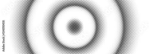 Halftone concentric circle background. Dotted circular gradient. Radial fading comic texture. Black and white rough gritty wallpaper. Grunge round pop art backdrop. Vector dot line epicenter concept