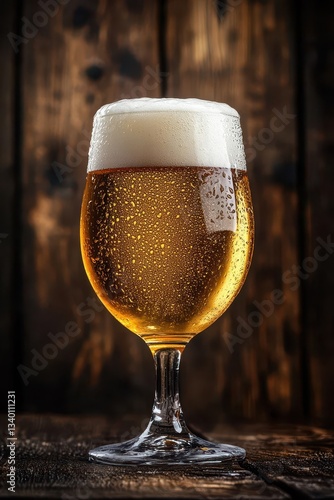 Craft Beer Glass with Perfect Foam Head and Condensation Droplets on Dark Wood Bar Counter photo