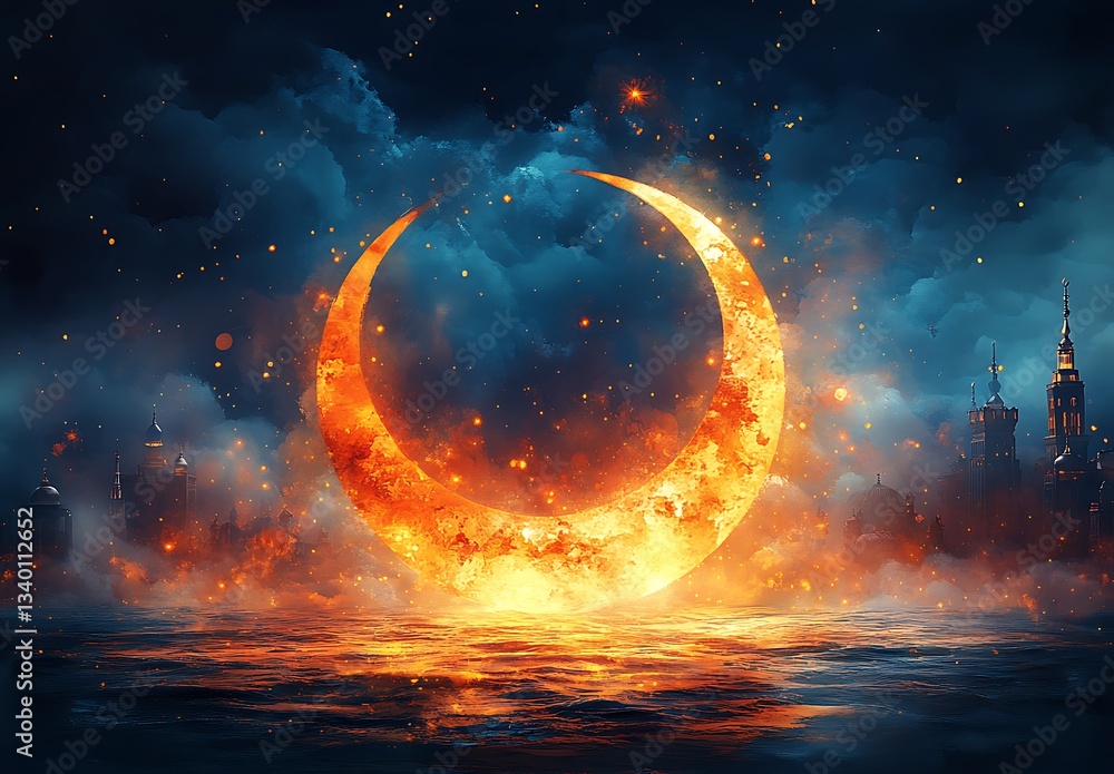 Fototapeta premium Fiery Crescent Moon Floating Above Rough Waters and Distant Dark Towers