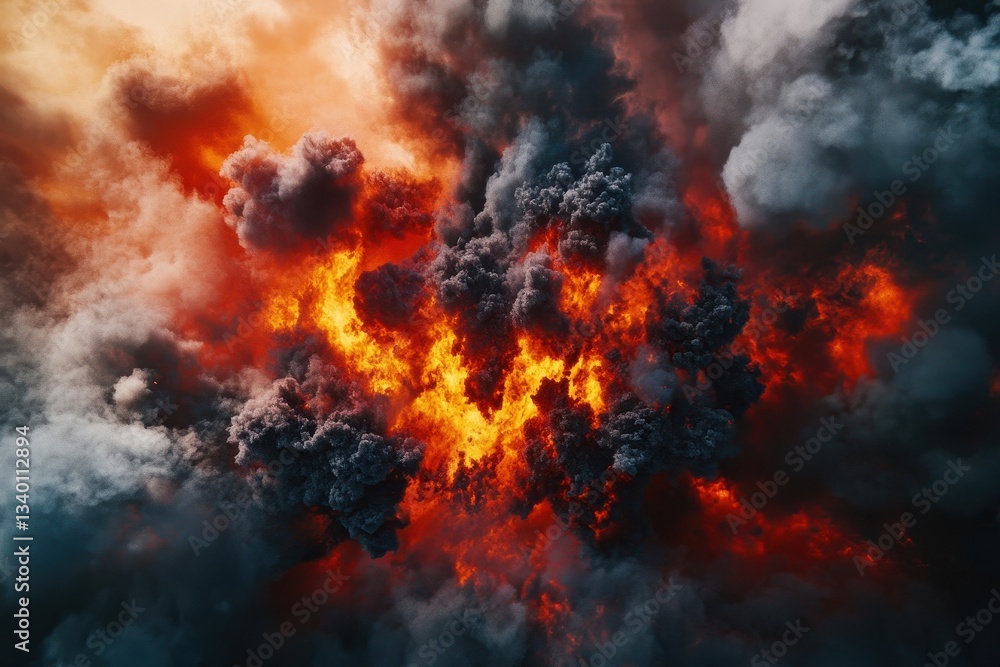 Fototapeta premium Dramatic Fire Explosion with Deep Red and Gold Flames Against Dark Background