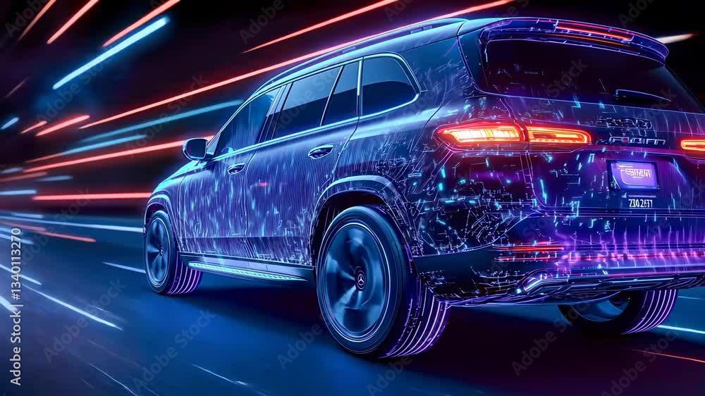 Futuristic car with vibrant neon lights in dynamic motion Futuristic car with vibrant neon lights in dynamic motion