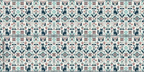 Set of abstract seamless pattern with cats