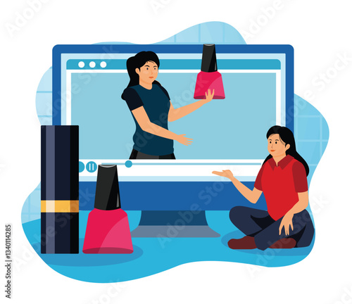 Beauty blogger concept. Woman Watching Online Makeup Tutorial with Nail Polish and Lipstick.
