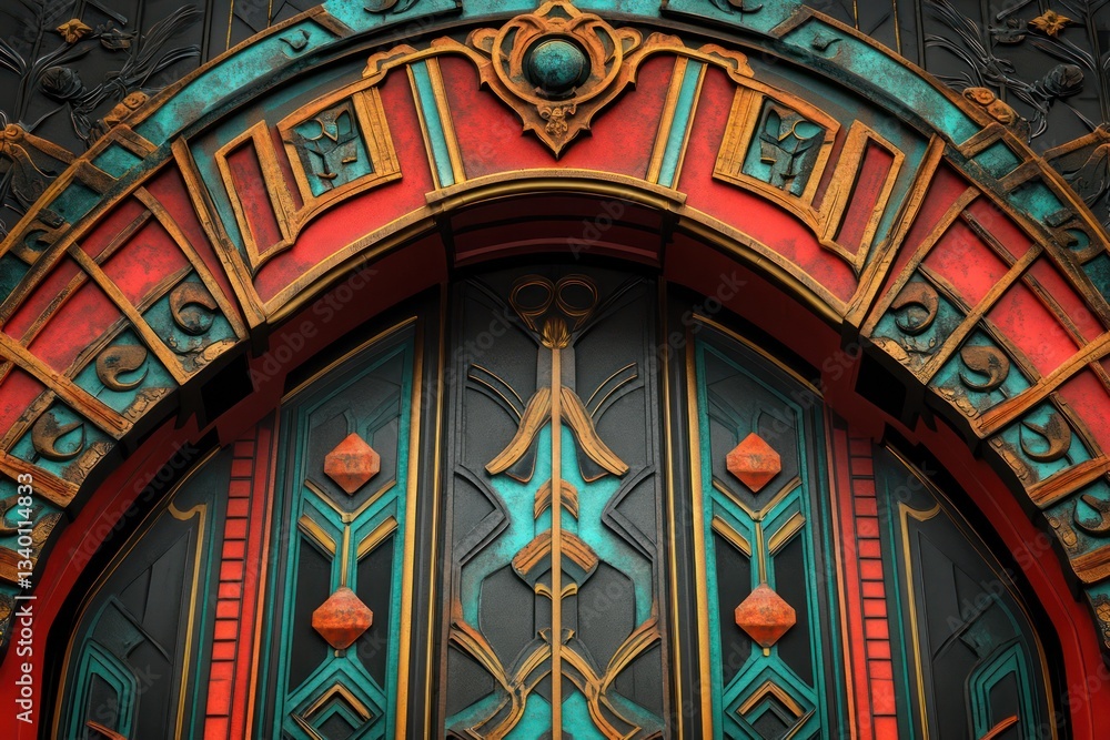 Obraz premium A vibrant Art Deco theater marquee with intricate metalwork, geometric lettering, and bold patterns