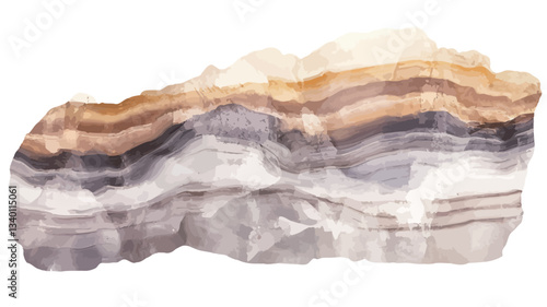 Close-up shot of a banded calcite specimen against a pure white background. The calcite displays prominent horizontal banding in shades of beige, brown, purple, and white.  The texture is rough and