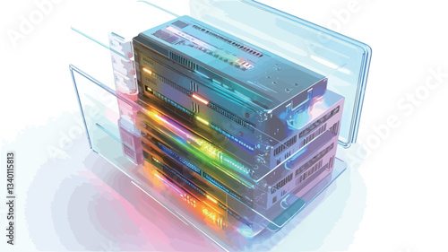 A 3D rendering of an abstract technological structure. The image depicts a layered, cuboid structure with internal components shown in translucent layers.  The internal components are vibrant and