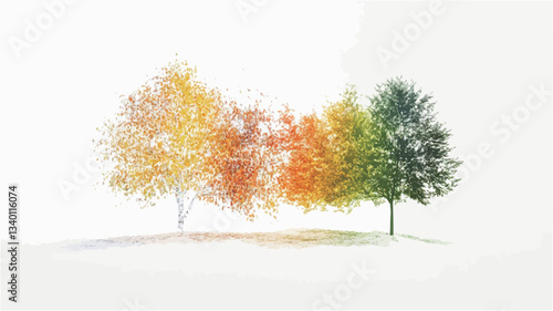 The image shows a stylized depiction of four trees, each exhibiting the characteristic colors of a different season.  The trees are presented in a row, progressing from yellow and orange autumnal