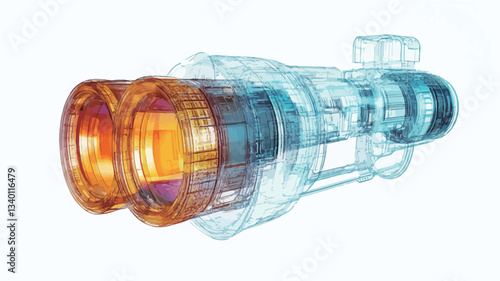 A 3D rendering of a technical device, presented in a transparent cutaway view. The device is primarily composed of cylindrical and rectangular components, exhibiting an interplay of cool blue and