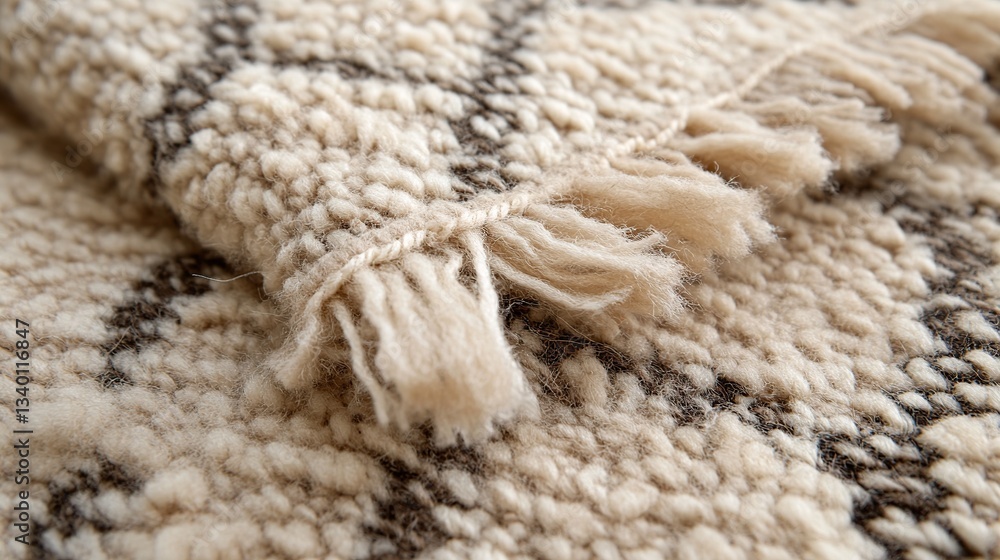 Close-up of a cream and dark-gray rug with textured boucle weave and fringe Close-up of a cream and dark-gray rug with textured boucle weave and fringe