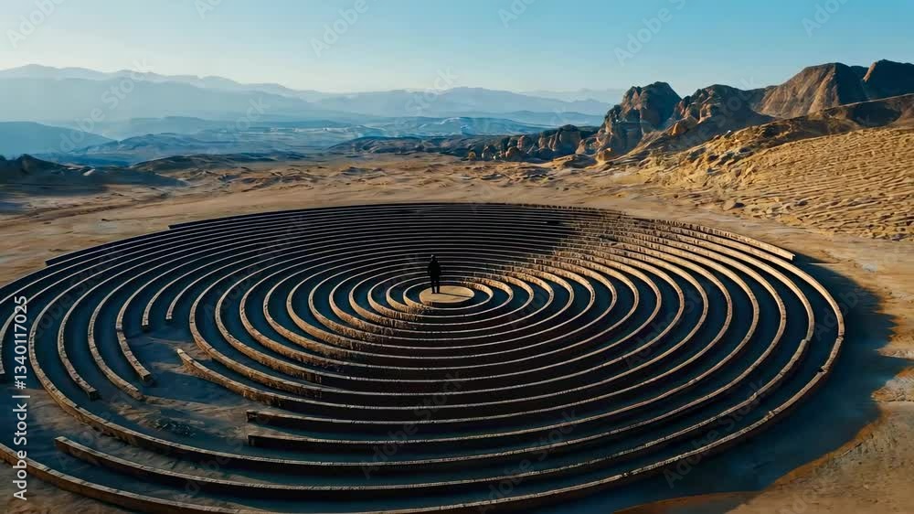 Solitary figure in a vast desert labyrinth under clear skies Solitary figure in a vast desert labyrinth under clear skies