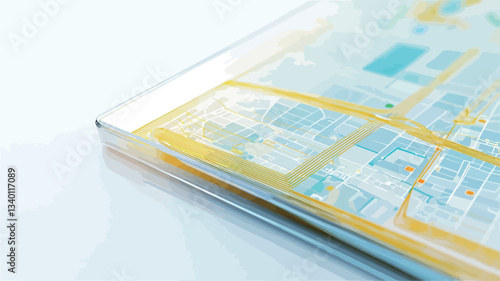 High-angle, close-up view of a stack of maps encased in a clear plastic protective cover.  The maps are slightly out of focus, showing a blurred impression of geographical detail. The colors are