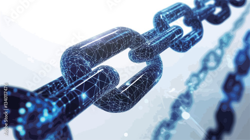 A 3D rendering of a chain composed of interconnected links. The links are rendered in a metallic blue, with a texture suggesting digital data or code flowing within. The chain is presented against