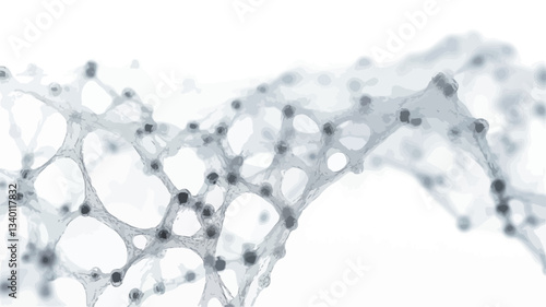 The image shows an abstract representation of a network structure.  It features a flowing, dynamic arrangement of interconnected nodes and lines. The nodes are small, dark gray circles, while the