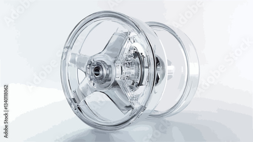 A close-up studio shot of a transparent mechanical device against a white background.  The device appears to be composed of several interconnected gears and components, showcasing its intricate