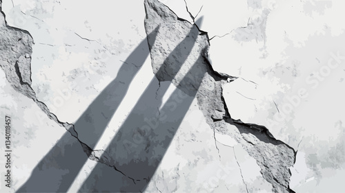 High-angle, close-up view of a cracked, textured surface in monochrome.  The surface is predominantly white/grey with deep cracks creating a fragmented pattern. Two prominent, elongated shadows