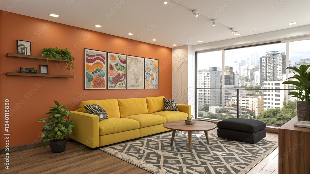 Fototapeta premium Bright living room with yellow sofa, orange wall, and city view through a large window pane