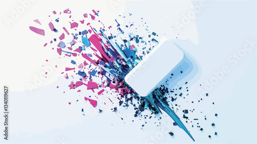High-angle, close-up view of a white cubic object appearing to emerge from or push through a dynamic explosion of pink, blue, teal, and black paint splatters. The background is a solid, light-grey