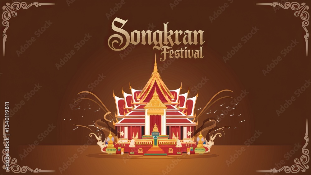 Fototapeta premium Elegant Illustration of Songkran Festival with Traditional Temple Design