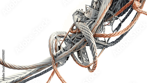 Close-up shot of a tangled mass of grey and copper-colored metal wires and cables against a pure white background. The wires are intricately twisted and interwoven, creating a complex and chaotic