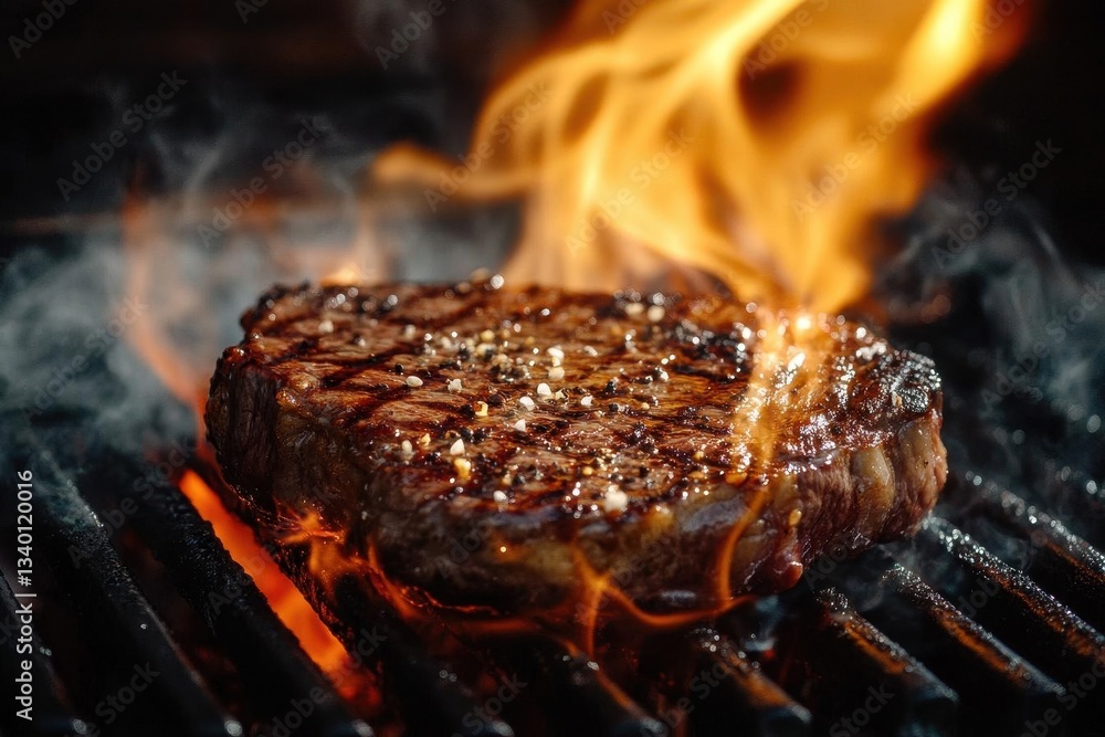 Gourmet BBQ Scene with Perfectly Marbled Ribeye Steak on Flaming Grill with Dramatic Lighting and Smoke Effects Gourmet BBQ Scene with Perfectly Marbled Ribeye Steak on Flaming Grill with Dramatic Lighting and Smoke Effects