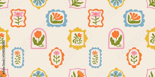Colorful floral seamless pattern illustration. Vintage style flower frame background design. Geometric natural wallpaper print, spring season nature backdrop texture with flowers.
