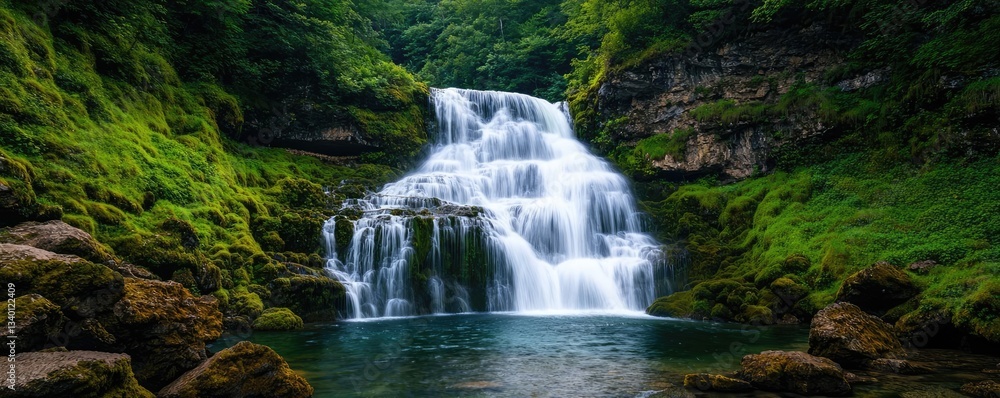 Fototapeta premium Waterfall landscape concept. A serene waterfall cascading into a tranquil pool surrounded by lush greenery.