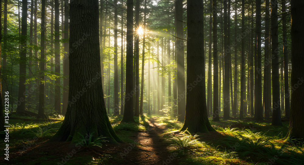 Obraz premium Sunlight Streaming Through Forest Trees Creating a Magical, Natural Pathway