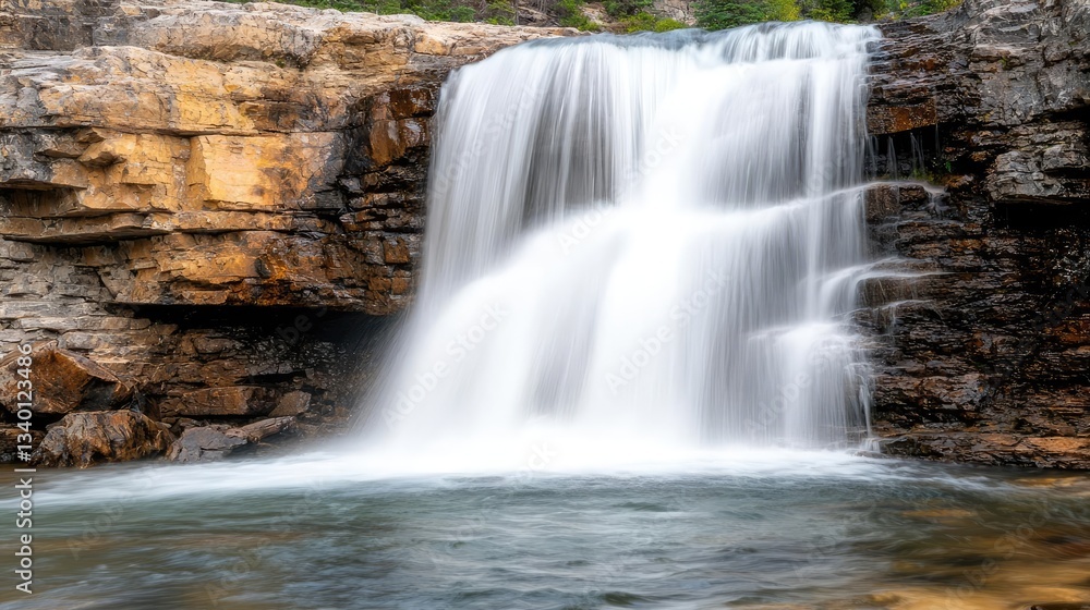 Obraz premium Waterfall landscape concept. A serene waterfall cascading over rocky cliffs into a tranquil pool of water.