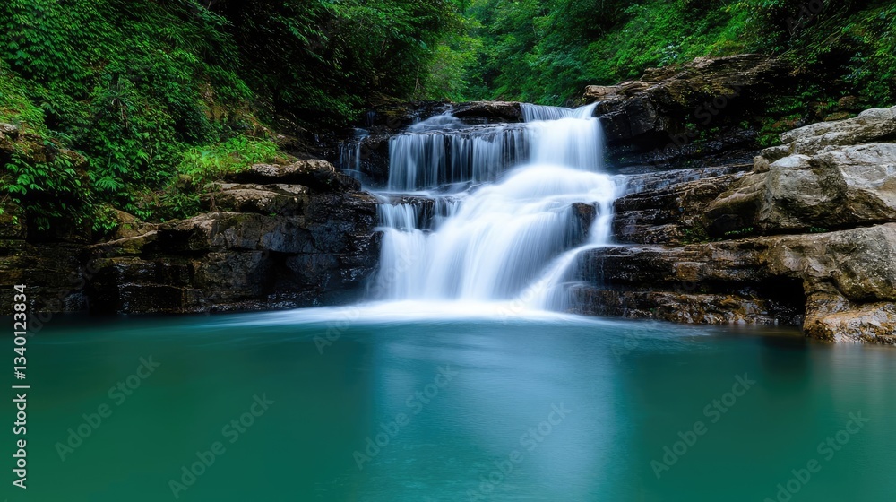 Obraz premium Waterfall landscape concept. A serene waterfall cascading into a tranquil pool, surrounded by lush greenery.