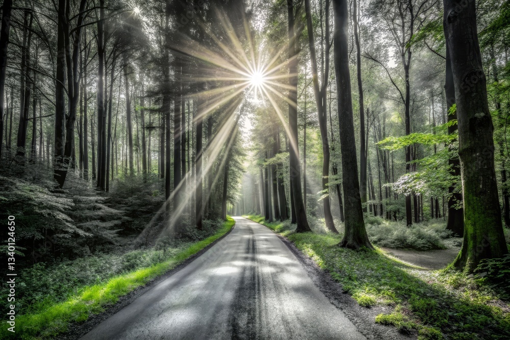 Obraz premium Sunbeams Through Forest Canopy on Road