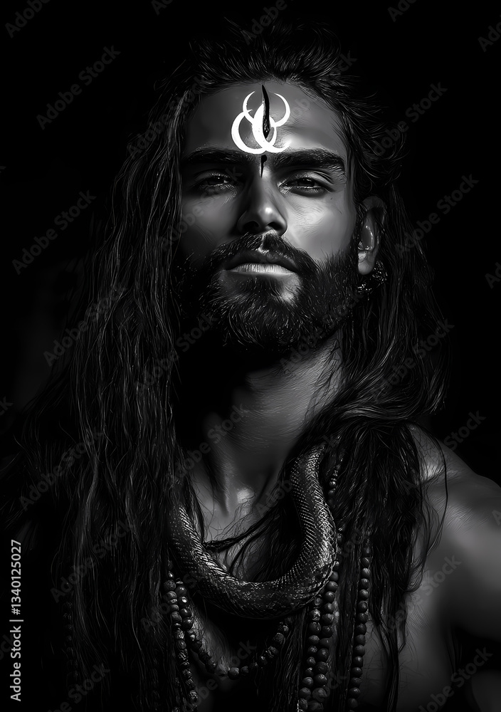 Divine Masculinity: A striking portrait of a man, embodying a spiritual deity, adorned with traditional markings and a serene expression, captured in dramatic black and white. Divine Masculinity: A striking portrait of a man, embodying a spiritual deity, adorned with traditional markings and a serene expression, captured in dramatic black and white.