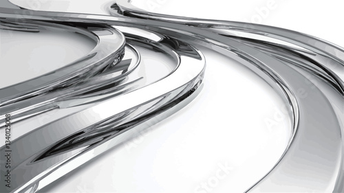 The image shows a close-up view of abstract metallic curves. The curves are silver or chrome-colored, highly reflective, and appear smooth and flowing. They are arranged in a dynamic composition