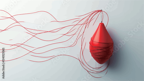 High-angle, close-up view of a red, teardrop-shaped object. The object has a textured surface and appears to be three-dimensional.  Attached to the object are numerous thin, red lines that extend