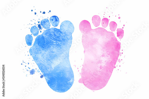 Gender Reveal: Blue and pink baby footprints, rendered in a watercolor style, splash a whimsical celebration of a new arrival, symbolizing the anticipation of a boy or girl. 
