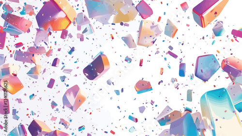 The image depicts a multitude of small, irregularly shaped, colorful fragments against a white background.  The fragments appear three-dimensional, exhibiting various pastel hues of pink, orange,