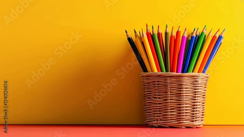 Colorful pencils in a wicker basket against a vibrant yellow background