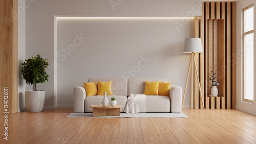 Modern interior living room features an sofa and decorative accessories against a white-colored wall- 3D rendering