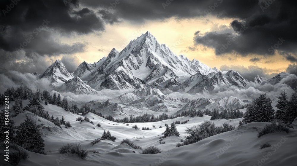 Obraz premium Majestic snow-capped mountain range under a dramatic sky