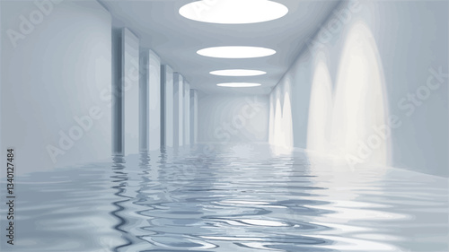 A digital rendering depicts a long, narrow corridor with white walls and a ceiling featuring recessed circular lights. The floor is completely submerged in clear, still water, reflecting the lights